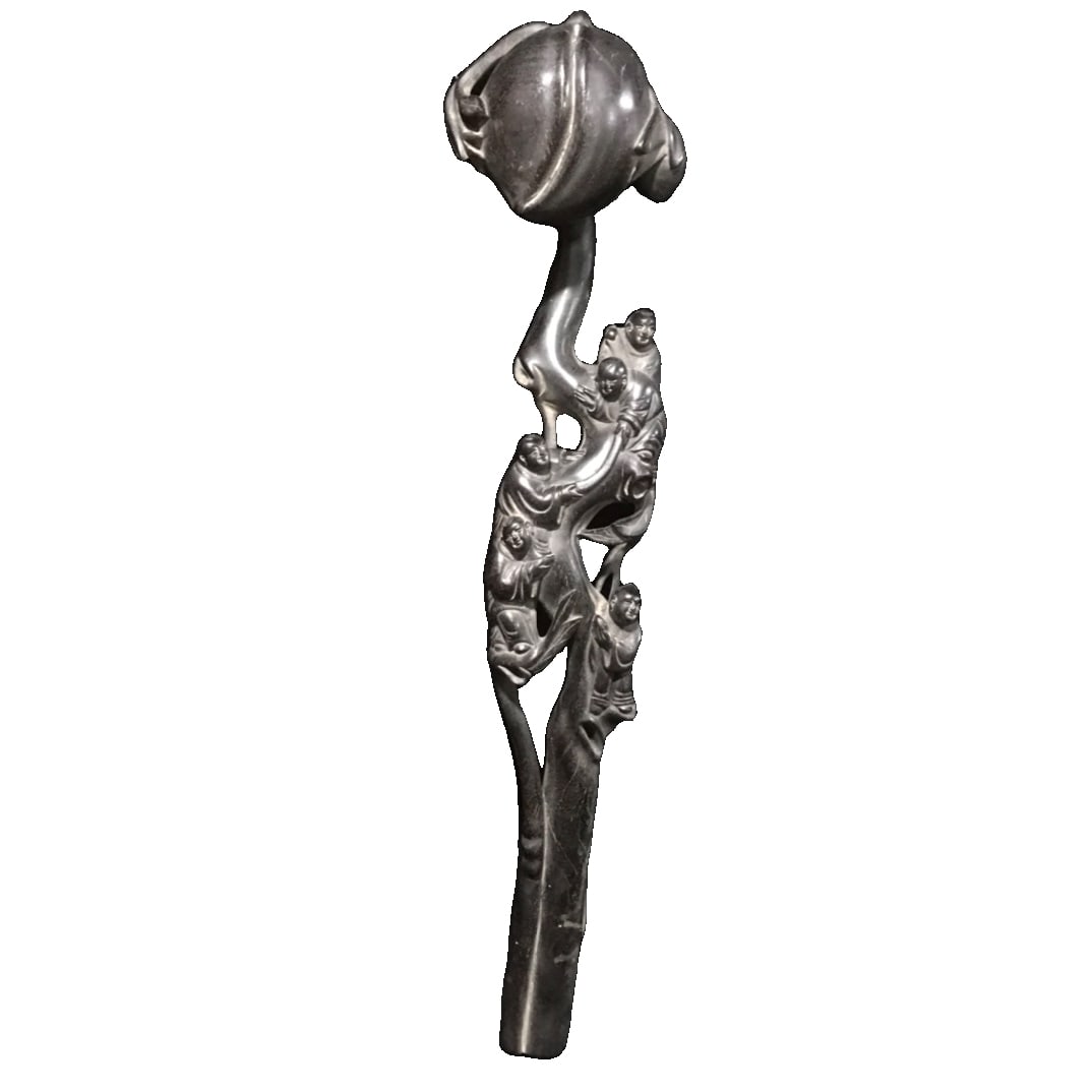 Old Sandalwood Boy Peach Ruyi Ornament: Antique old sandalwood child peach Ruyi ornamentHeight 38cm x 6cm, weight 326gThe patina is mature and the carving is exquisite. With the natural weathering over time, the patina has become more