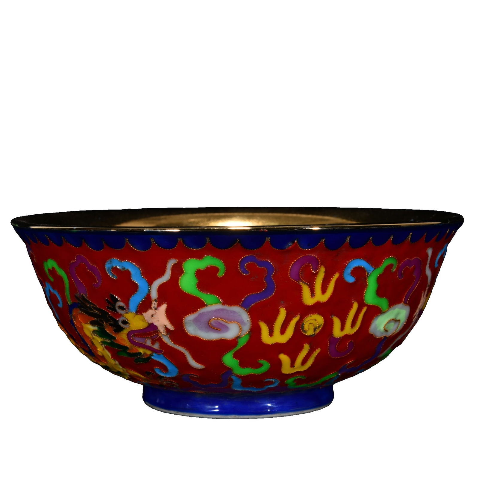 Song Dynasty Ru Kiln Gilt Cloisonne Dragon Bowl: This Song Dynasty Ru Kiln gilded cloisonné dragon pattern bowl features an elegant shape and harmonious proportions. The bowl stands at a height of 7.5 centimeters and has a diameter of 18 centimeter