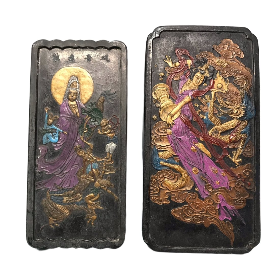 Gilt Ink Blocks Pair, Guanyin Riding Dragon, Dragon Dance Painting (1 of 10)