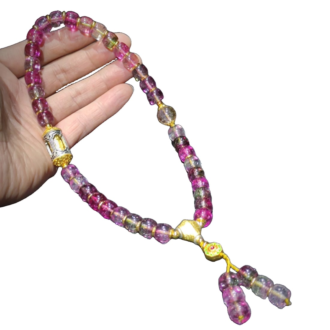 Natural Tourmaline Gemstone Hand-held, Gold Three-way, Gold-plated Silver Prayer Wheel: Natural Tourmaline Gemstone Handheld, Golden San Tong, Gold-Plated Silver Prayer Wheel Freight: 1.International Freight: Foreign shipping charges are determined by destination. 2.Photos, descriptions