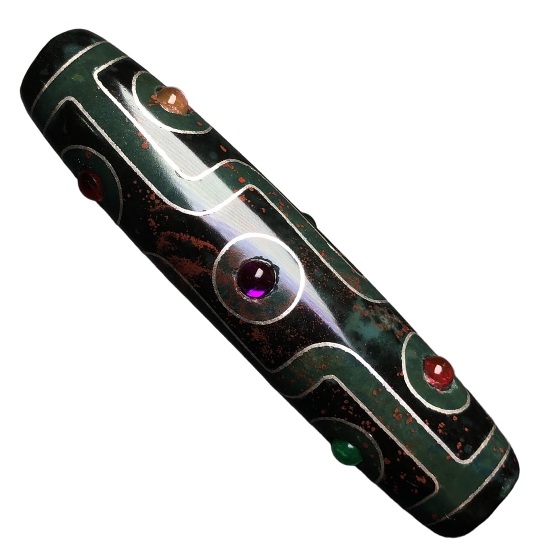 Nine-eyed Dzi Bead: Antique agate inlayed with silver and turquoise gemstone, vermillion filled nine-eyed celestial beadSize: 71*17 mm Weight: 33gThe orange peel texture is fine, the patina is moist. The number 'nine' al