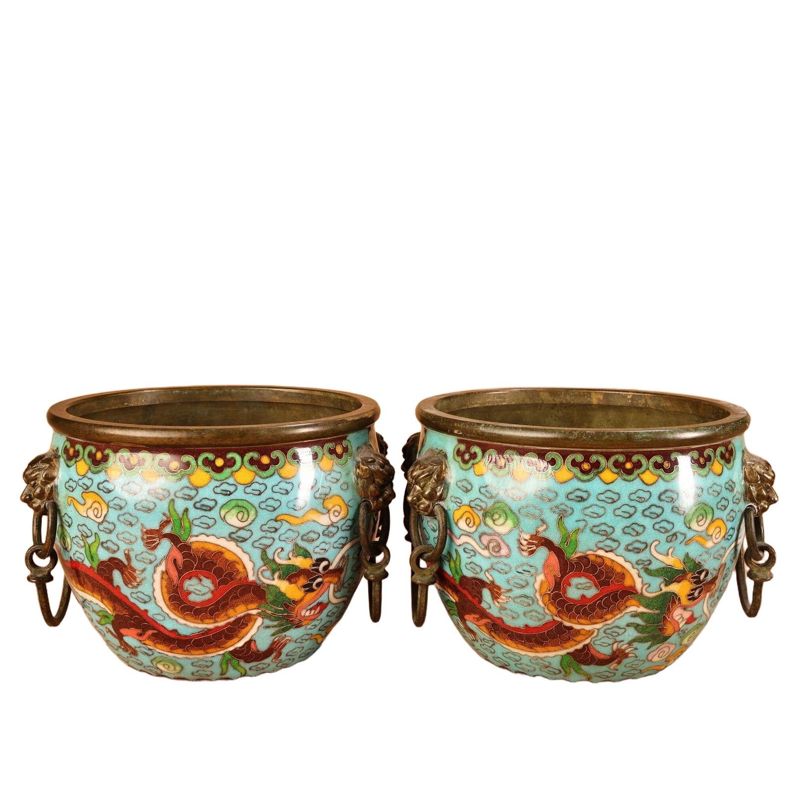 Cloisonne Enamel Cloisonne Blue and White Dragon and Phoenix Tiger Head Jar Pair (1 of 10)