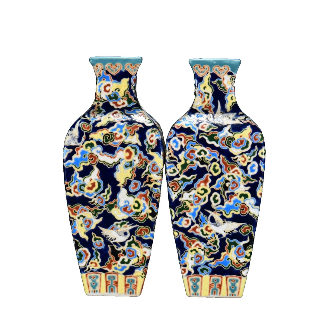 Qianlong Famille Rose Crane and Cloud Square Vase: Old Collection: Qianlong Enamel Colored Clouds and Cranes Square VaseSize: Height 26 Width 11 Freight: 1.International Freight: Foreign shipping charges are determined by destination. 2.Photos, descri