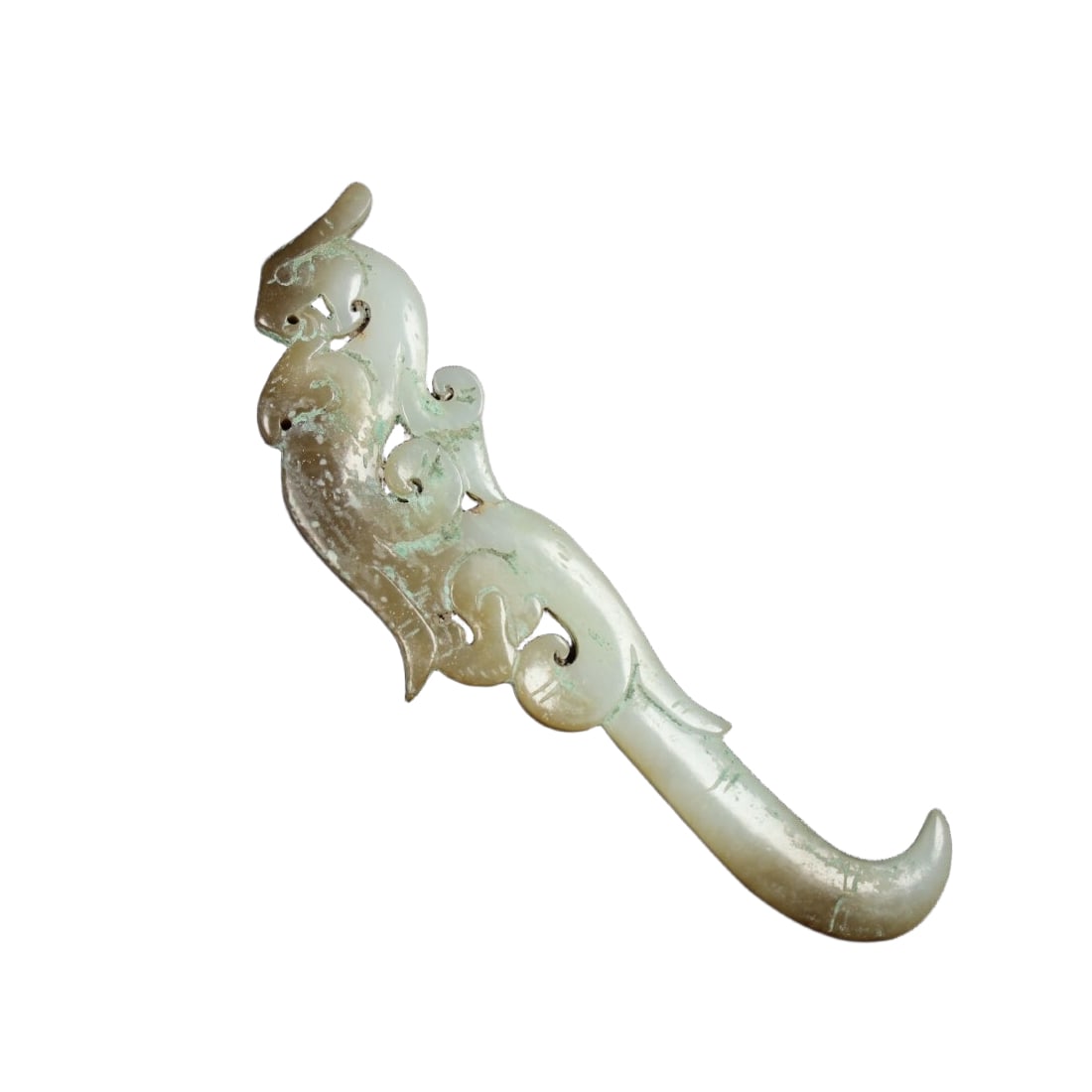 Hetian Jade Han Dynasty Phoenix Pendant: Ancient Collection Hetian Jade Han Dynasty Phoenix Pendant, with fine and lustrous texture, well-aged patina, details as shown in the picture, size: length 10.3cm, width 3.2cm, thickness 0.6cm,
