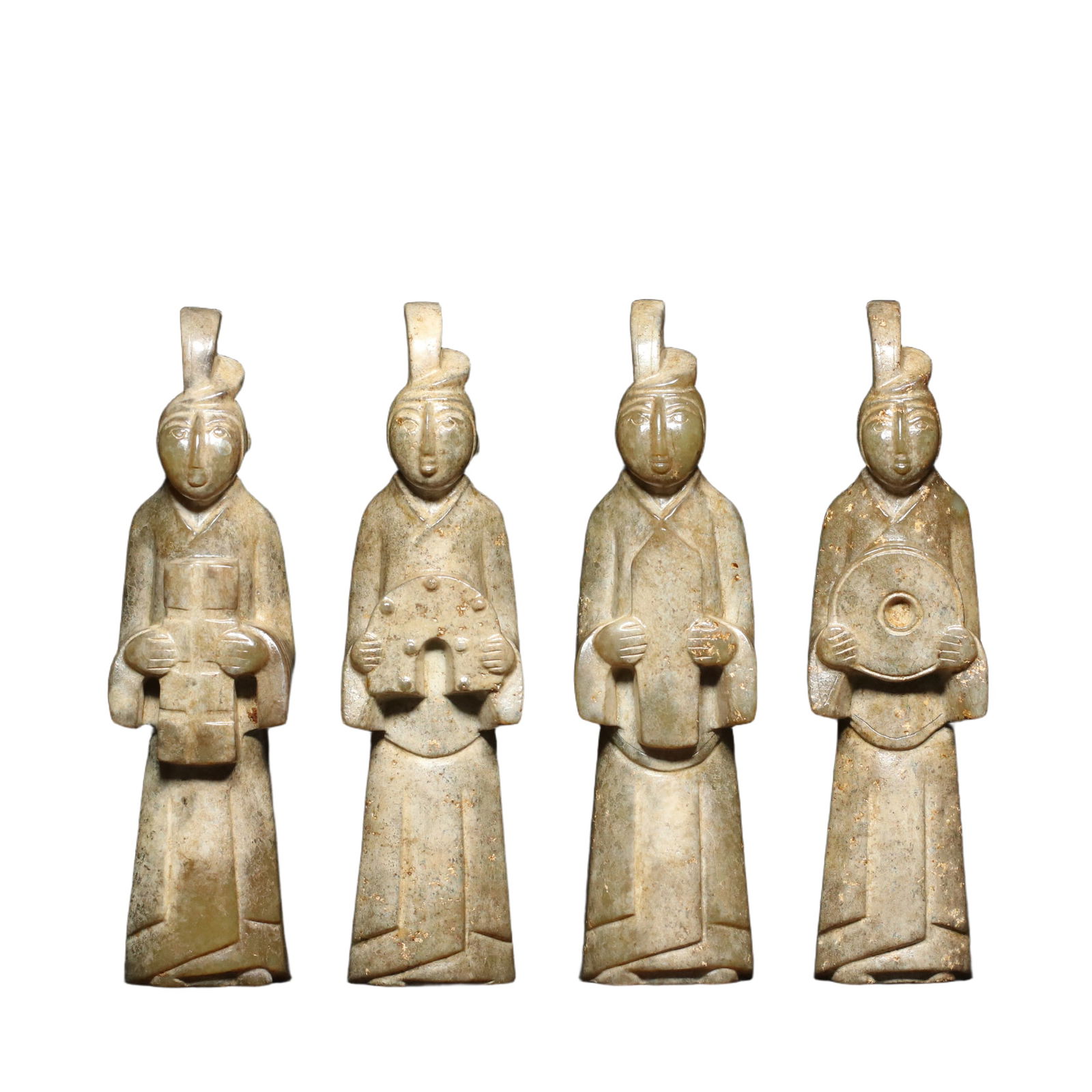Han Dynasty Hetian Jade Ornament Set: A set of exquisite old collection Han dynasty Hetian jade cong, huang, gui, bi, and jade figures, with exquisite carving, fine texture, a patina of age, and details as shown in the picture, size: