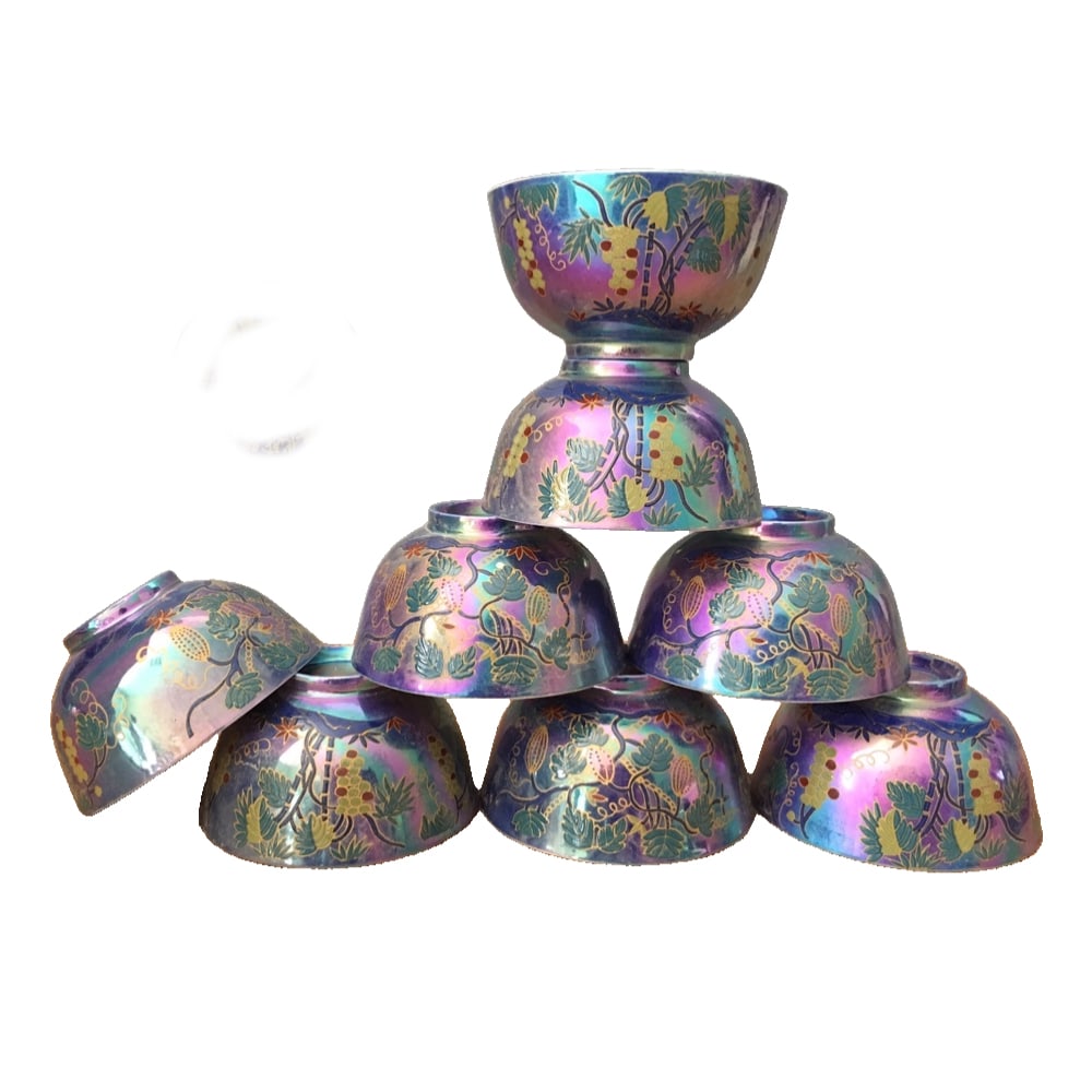 Purple Grape Motif Thin Porcelain Bowl: Glaze Grape Pattern Thin Wall Bowl, almost brand new condition, well preserved, no dents or cracks. Purple base color with grape pattern decorations, thin wall craftsmanship, light and delicate to the