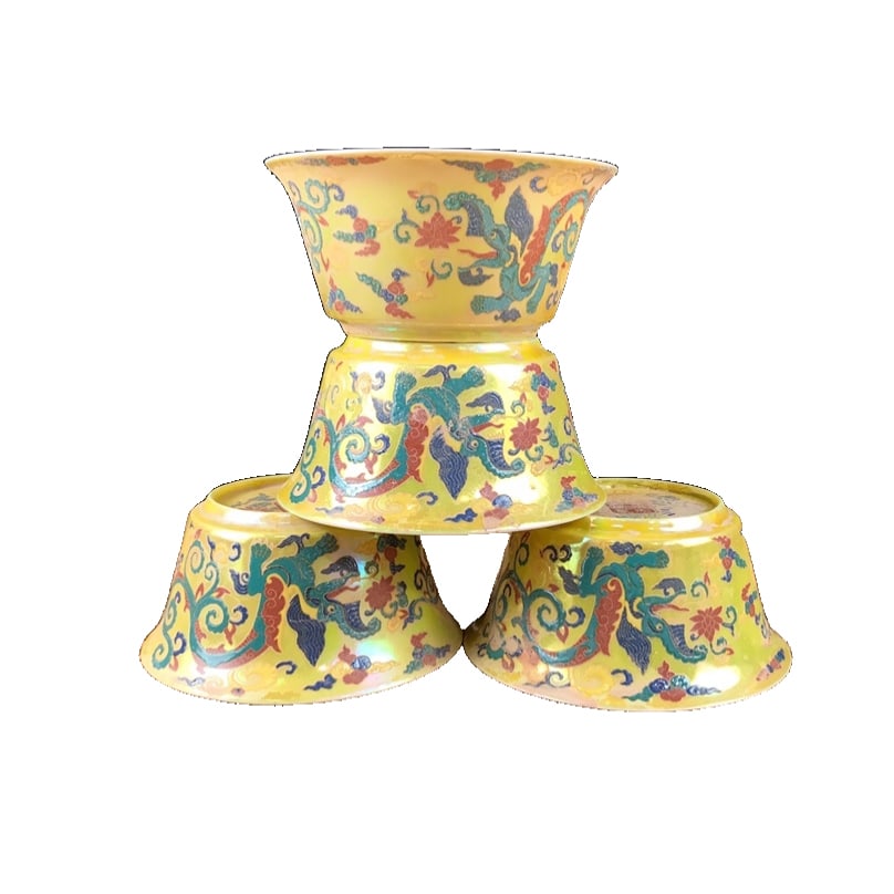 Yellow Glazed Doucai Dragon Thin Porcelain Bowl: Hand-painted doucai bowl with dragon design in a light yellow glaze., yellow glaze base color with green, blue, and red decorations, fine craftsmanship, condition as shown in the picture, overall well