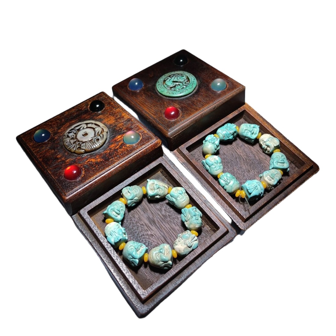 Huanghuali Boxwood Inlaid with Green Turquoise Bracelet Pair, Buddha Head Bracelet, Huanghuali Box: Pair of Turquoise Beaded Bracelets in Rosewood Box, Buddha Head Beaded Bracelet, Rosewood Box Inlaid with Ancient Jade Gemstones, Rare CollectibleBracelet Specifications: 2.2/1.8cmSingle Bracelet Weig