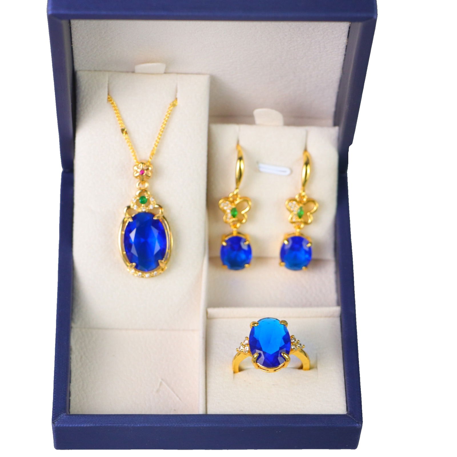 Gold Inlaid Diamond Inlaid Blue Sapphire Jewelry Set (1 of 7)