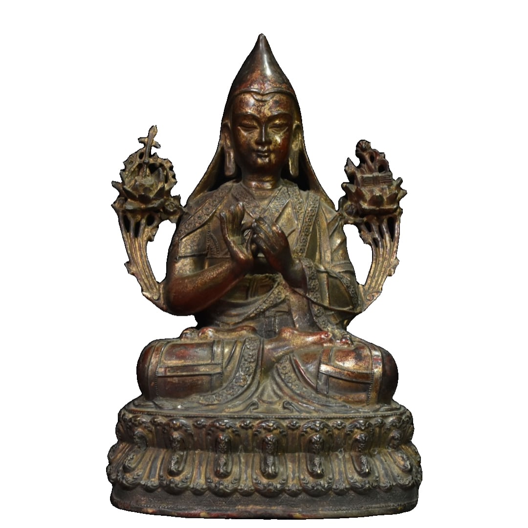 Old Collection Fine Copper Casting, Copper Gilt, Tsongkhapa Buddha Statue, Home Desk Decoration: Antique fine brass casting, bronze gold, Tsongkhapa Buddha statue, home decor display itemDimensions: Height 30 cm, Length 21 cm, Thickness 15 cmWeight: 4.4 jin Freight: 1.International Freight: