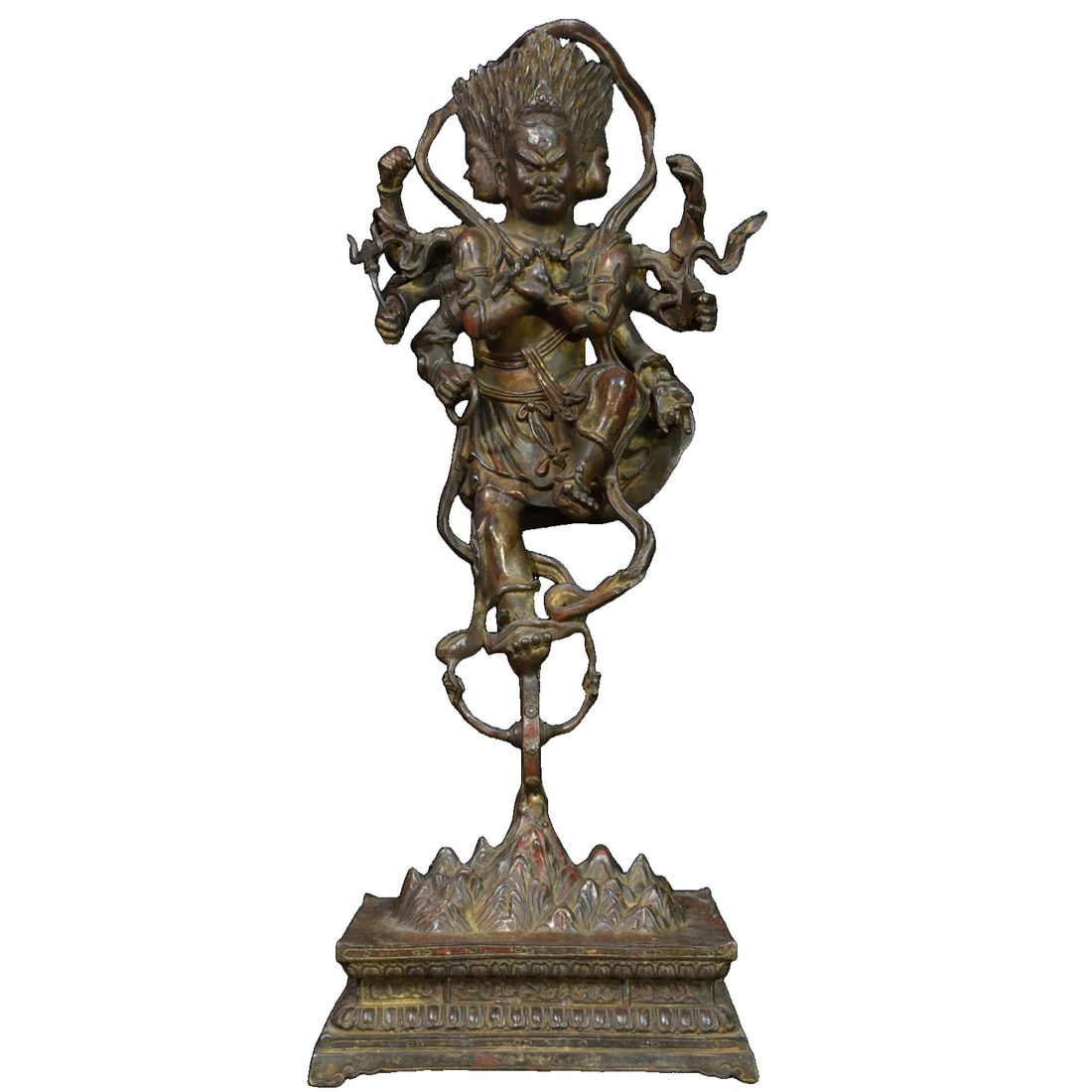 Old Collection Fine Bronze Casting, Bronze Gilt, Three-headed Eight-armed Buddha, Hevajra Statue,: Ancient copper-casted, mud gold, three-headed and eight-armed Buddha, image of the Vajra Varahi, home decorative itemDimensions: Height 57 cm, Length 26 cm, Thickness 15 cmWeight: 10.4 jin Freight: