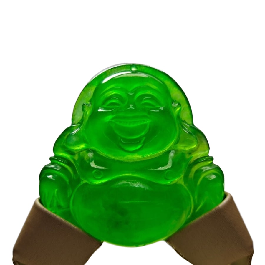 Large Thick Imperial Green Jadeite Laughing Buddha Carved from Longshi Material: Dragon Stone Emperor Green Extra Large and Thick Jadeite Maitreya Buddha, whole piece carved, excellent water content, super perfect, weighs 36.8 grams, dimensions 45.8/147/11.8mm. Freight: