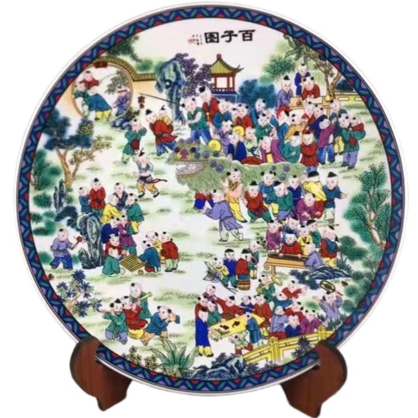 Quality Hand-painted Plate with Images of Children Playing: Premium hand-drawn painting of a hundred children at play, with perfect patina. The craftsmanship is exquisite, the condition is as shown in the picture. Diameter: 35.5cm Height: 4cm. Hundred