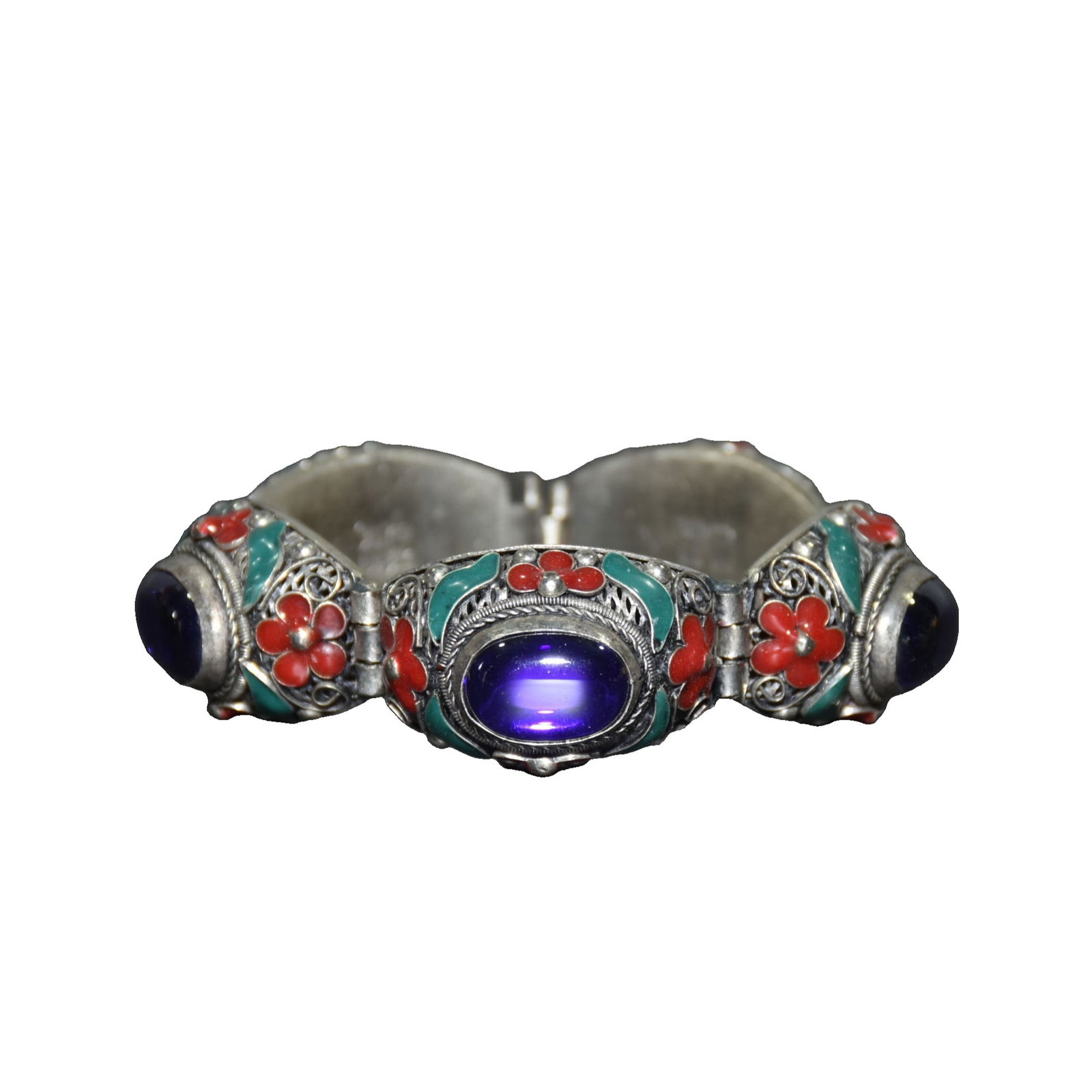 White Copper Handmade Filigree Cloisonné Inlaid with Zircon Gemstone Bracelet: Copper Alloy Handmade Cloisonne Inlaid with Cubic Zirconia Gemstone Bracelet, Length 21.5 cm, Width 2.5 cm, Thickness 2 cm, Weight Approximately 75 grams Freight: 1.International Freight: Foreign