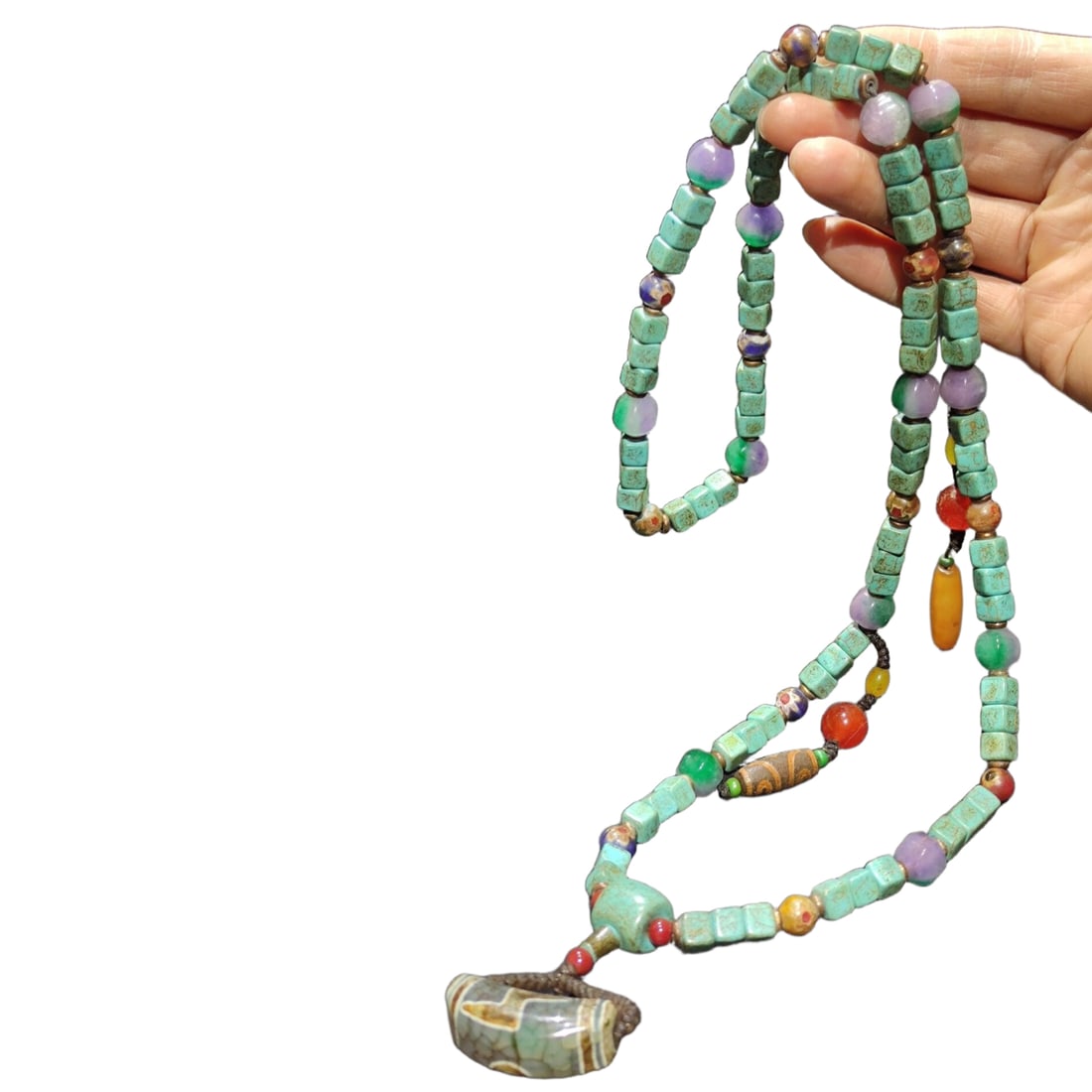 Qing Dynasty Inherited Old Turquoise Buddha Bead Necklace Chaozhu, with Dzi/ Jade Beads (1 of 9)
