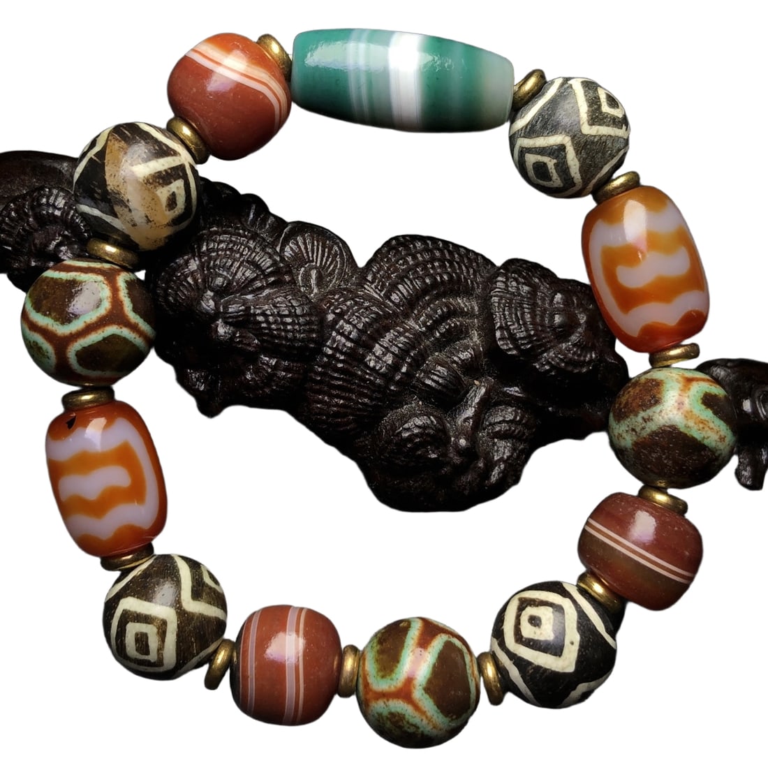 Old Material Roc Dzi Agate Fossil Multifaceted Bodhi Bead Bracelet: Old material roc bird dzi bead bracelet, petrified wood, old agate, multi-gemstone Buddhist beads.