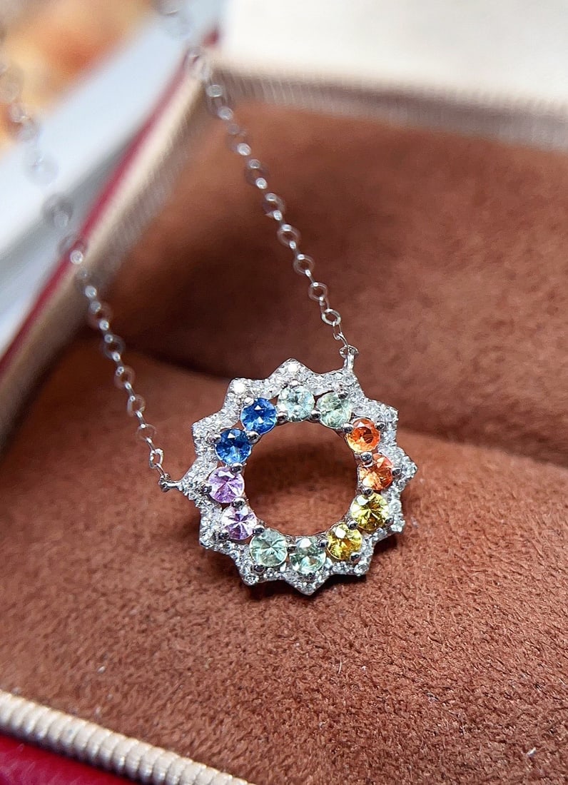 18K Gold Sapphire Necklace: 18k Gold Sapphire Collar Necklace, perfect round glass body, rainbow colors, charming and refreshing, main stone approximately 0.6 carats, 36 diamonds, weighs 1.15 grams 1.International Freight: