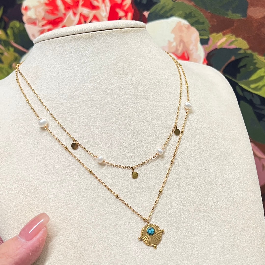 14K Gold Turquoise Necklace: Double-layer turquoise shooting star collar necklace, retro ethnic style, high-quality natural freshwater pearls, exclusive new product of 14k gold-plated 1.International Freight: Foreign shipping cha