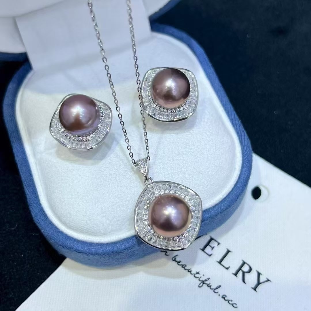 Sterling Silver Purple Pearl Set: Sterling Silver Original Purple Bead Set10-11mm Flawless Mirror Surface Ear Studs11-12mm Flawless Mirror Surface PendantClassic Silver-Plated Luxury Style 1.International Freight: Foreign shipping cha