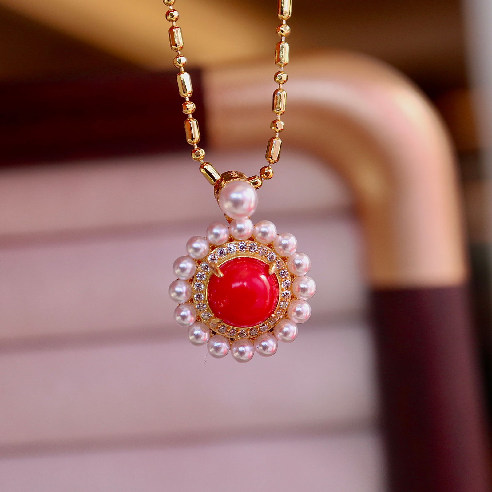 S925 Silver Red Coral Pendant: Natural Red Coral Pendant with a main stone of approximately 7mm, set in 925 pure silver, sourced from Indonesian deep-sea corals. Blood red in color with embellishments of pearl beads, elegant and