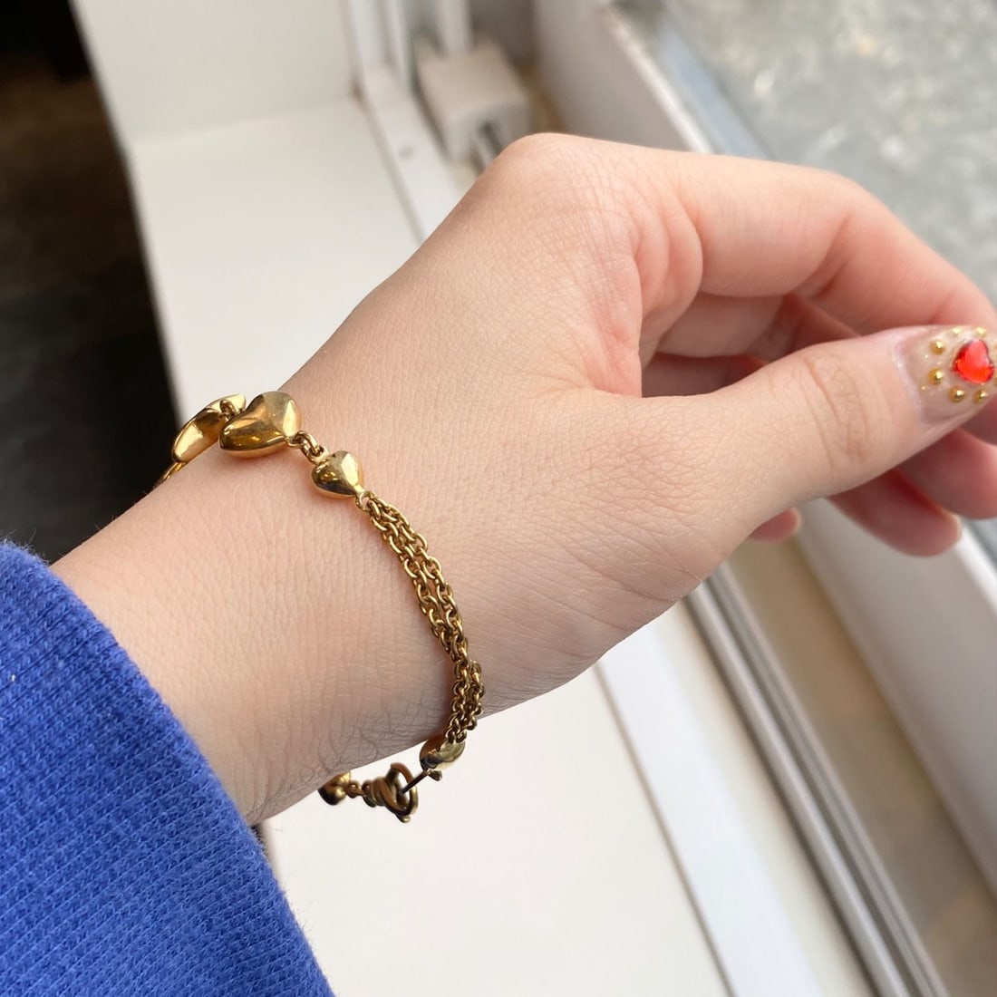 Second-hand 18K Gold Italian Made Star Heart Pendant Bracelet: 18K gold star heart pendant bracelet, made in Italy. This bracelet has a charming vintage style with a star heart theme. [Management Number] C1381 Purity: 750 (K18) Base Color: Gold Weight: Approx. 8