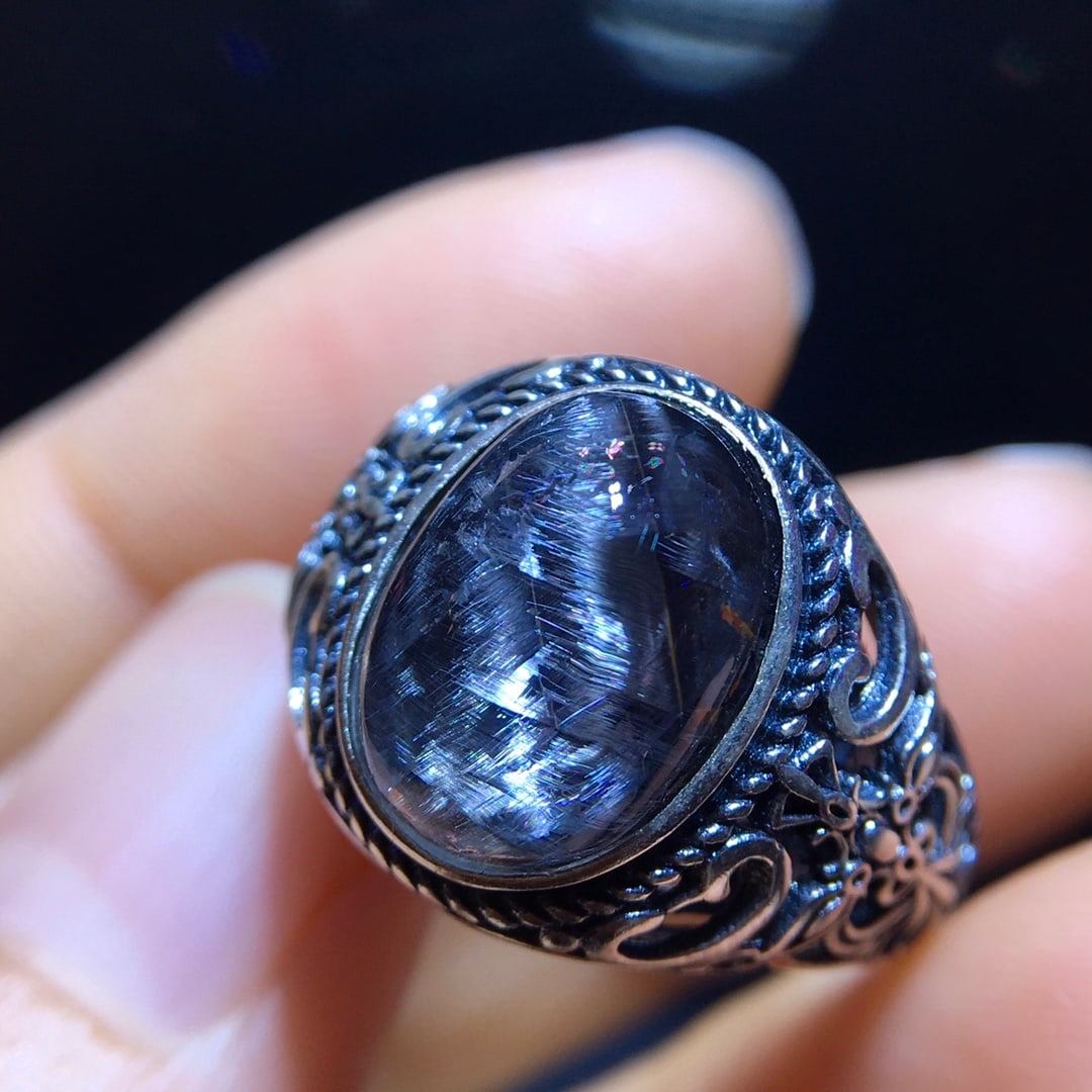 Natural Black Silver Titanium Ring - 5