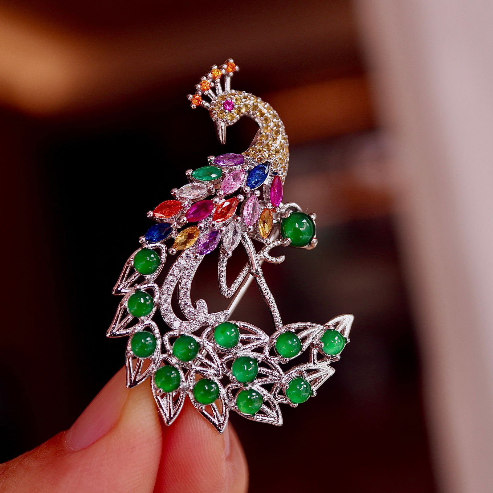 Natural jade peacock pendant brooch (1 of 9)