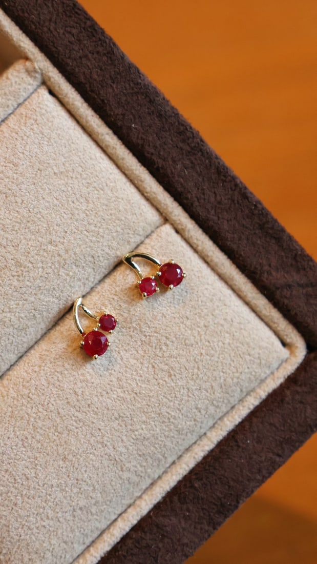 18k Gold Ruby Cherry Earrings - 4