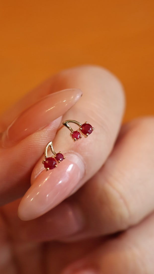18k Gold Ruby Cherry Earrings - 5