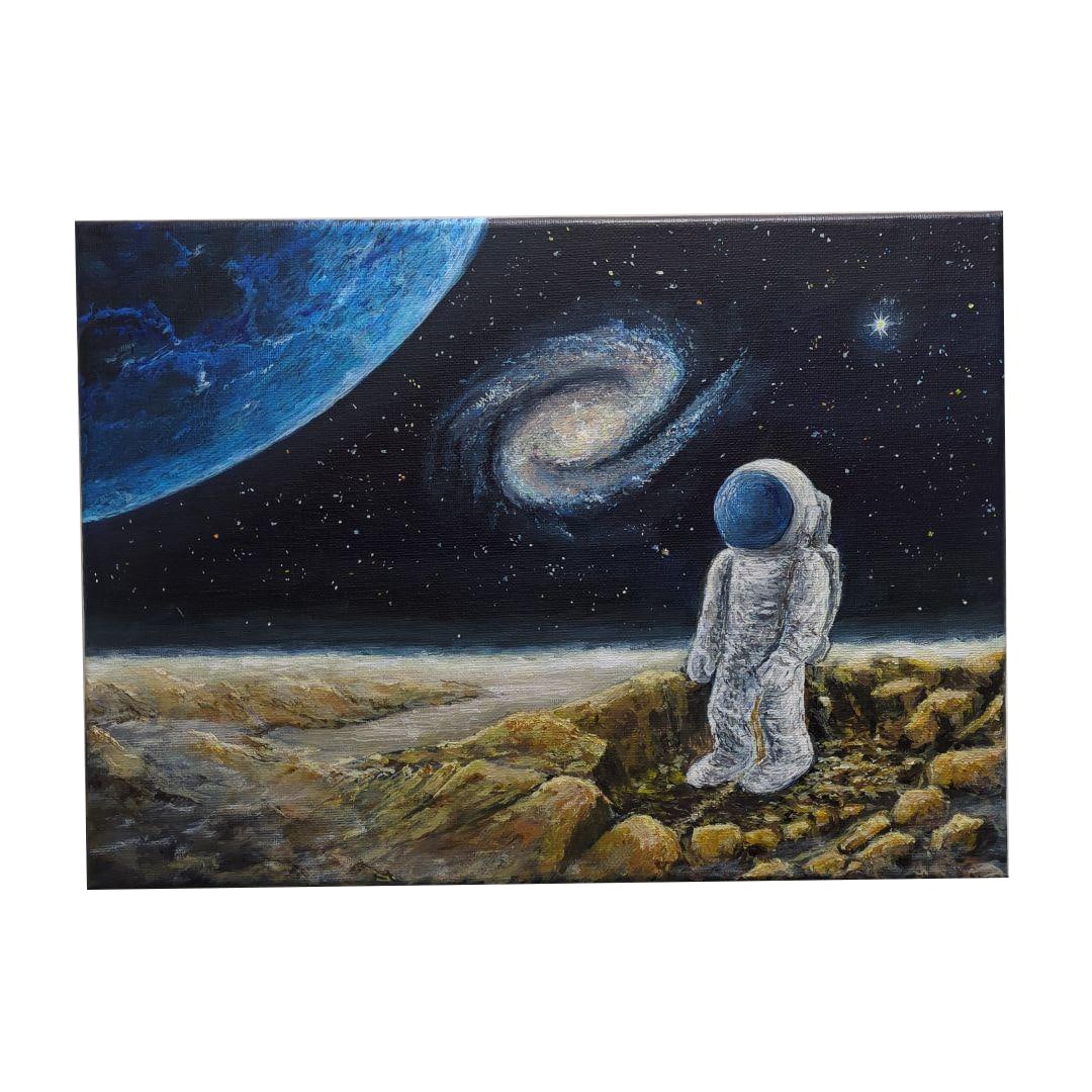 Abstract painting title: Longing: This acrylic painting with a space theme depicts an astronaut.Style: Space/Astronaut- Medium: Acrylic paintingTheme: Space landscapeColors: Blue, black, whiteSize: CanvasSize is F4. Freight: 1.Interna