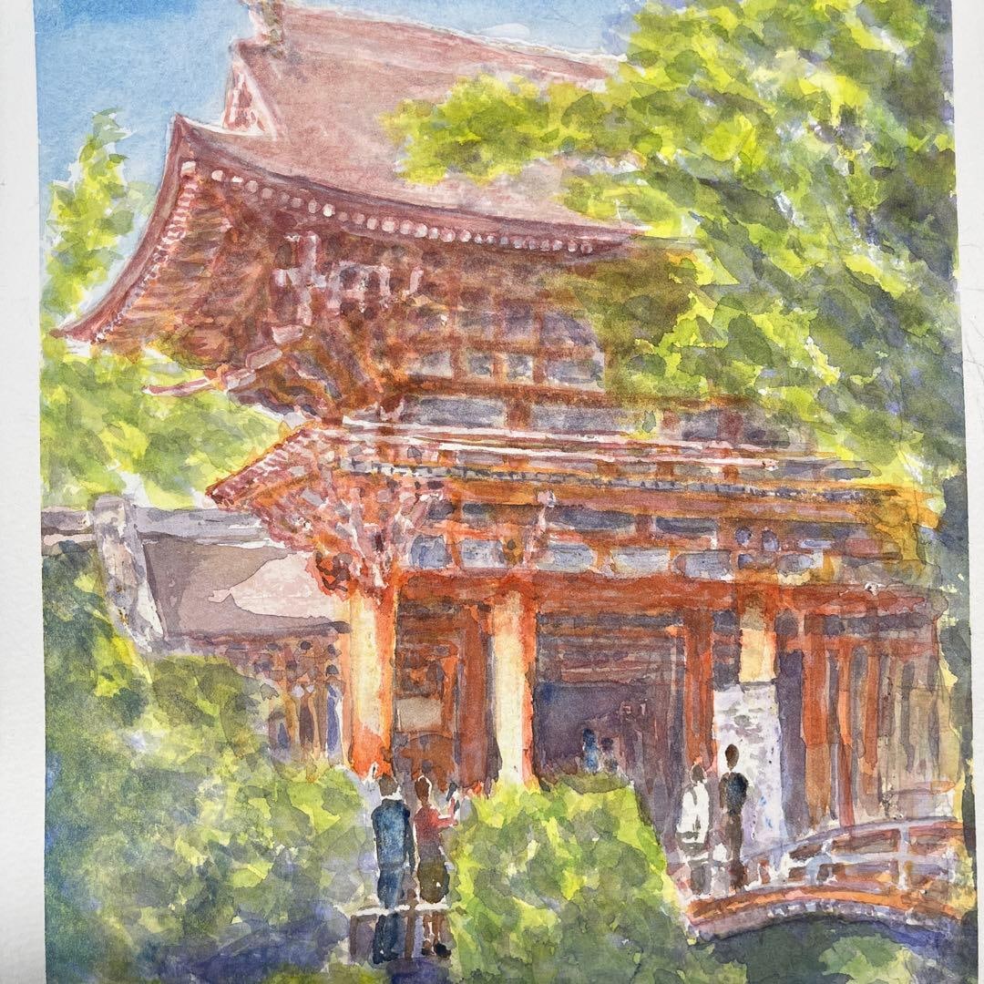 Hand-painted watercolor original picture of Kamigamo Shrine, Kyoto World Heritage Site. (1 of 5)