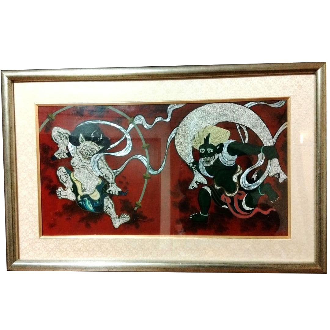 Feng Shen Lei Shen painting antique artwork: A painting depicting the Wind God and Thunder God.It is large, measuring 82.5 cm x 53 cm.This is a rare artwork made of materials like stones and shells, which was once displayed in a box.There are so