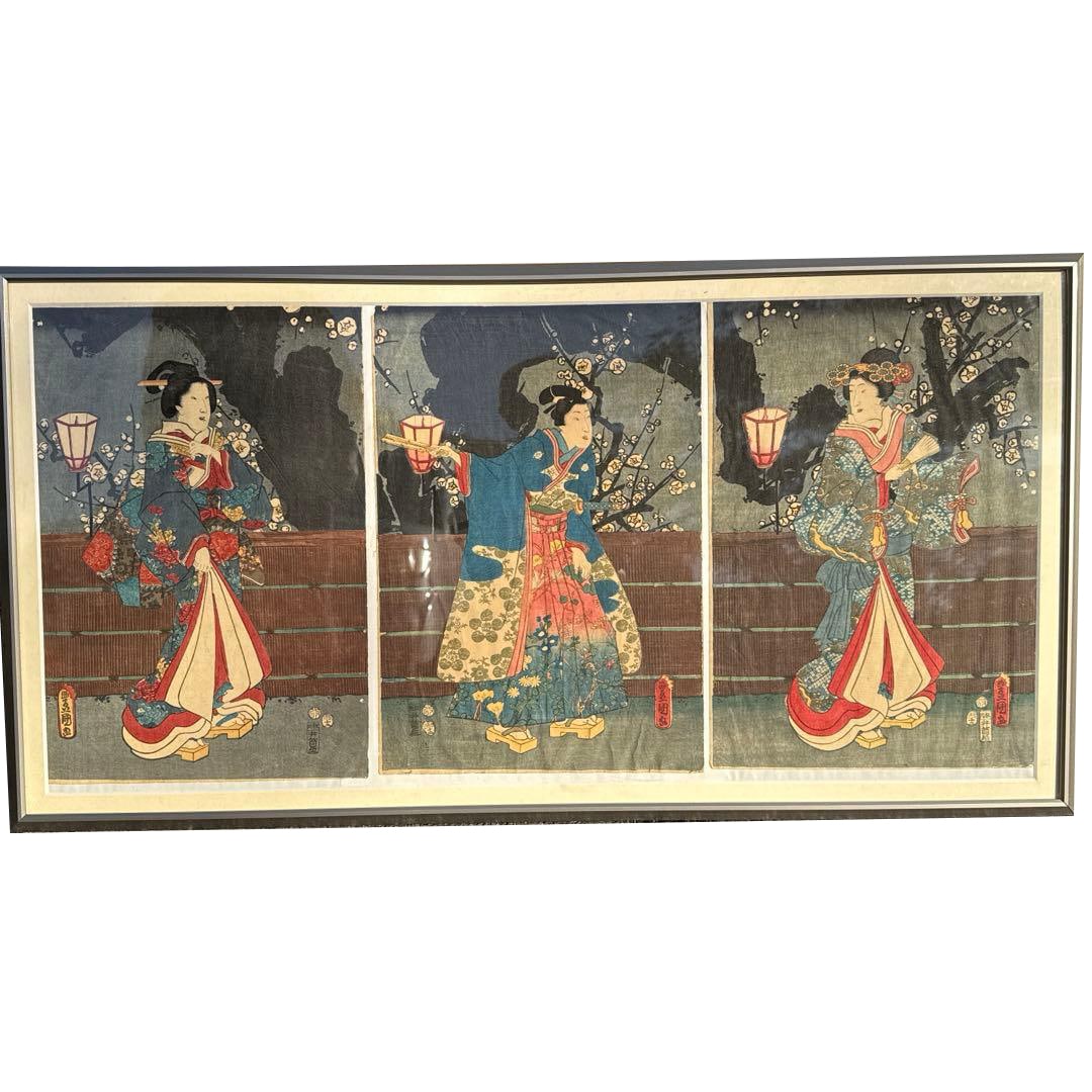 Ukiyo-e large woodblock print "Woman with Flower Lantern": A brightly colored ukiyo-e woodblock print depicting a woman and a flower lantern.Title: Ukiyo-eStyle: Traditional Japanese ukiyo-e- Technique: Woodblock printTheme: Woman with flower lantern- Colors: