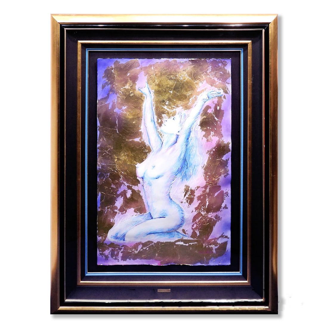 Larson Mano Watercolor Portrait: Lassen Mana watercolor portrait, previously featured in an art magazine, depicts a female figure and is a masterpiece. It is also a rare and precious unique gold foil ocean artwork, guaranteed authent