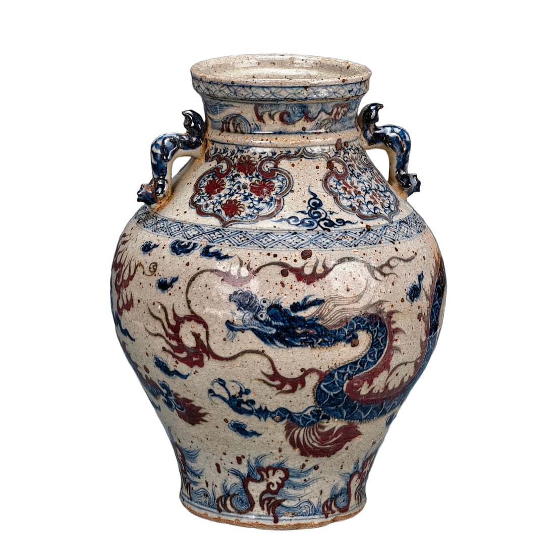 A jar with a continuous painting of dragons amidst auspicious clouds and animal-shaped handles. (1 of 10)