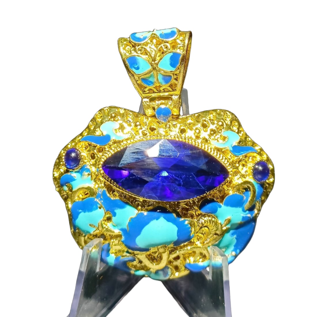 Antique Handmade Enamel Cloisonné Inlaid with Blue Gemstone Pendant (1 of 7)