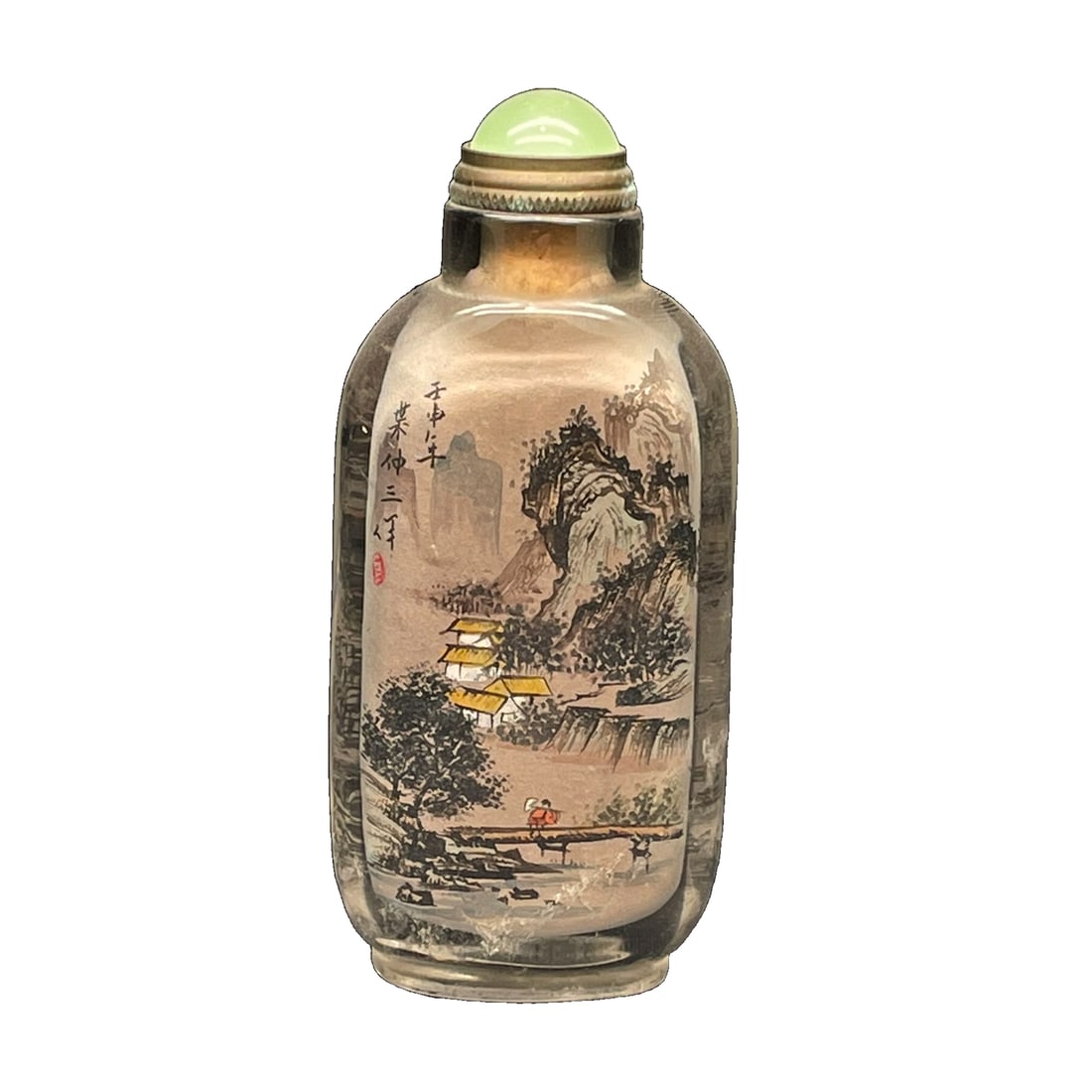 Old Collection Crystal Inside-painted Snuff Bottle with Landscape and Figures Story: Antique Crystal Engraved Landscape, Figures, and Story Snuff BottleSpecifications: 8.3cm x 3.7cm, weight 78gDescription: Made of white crystal material, the landscape is naturally realistic with metic
