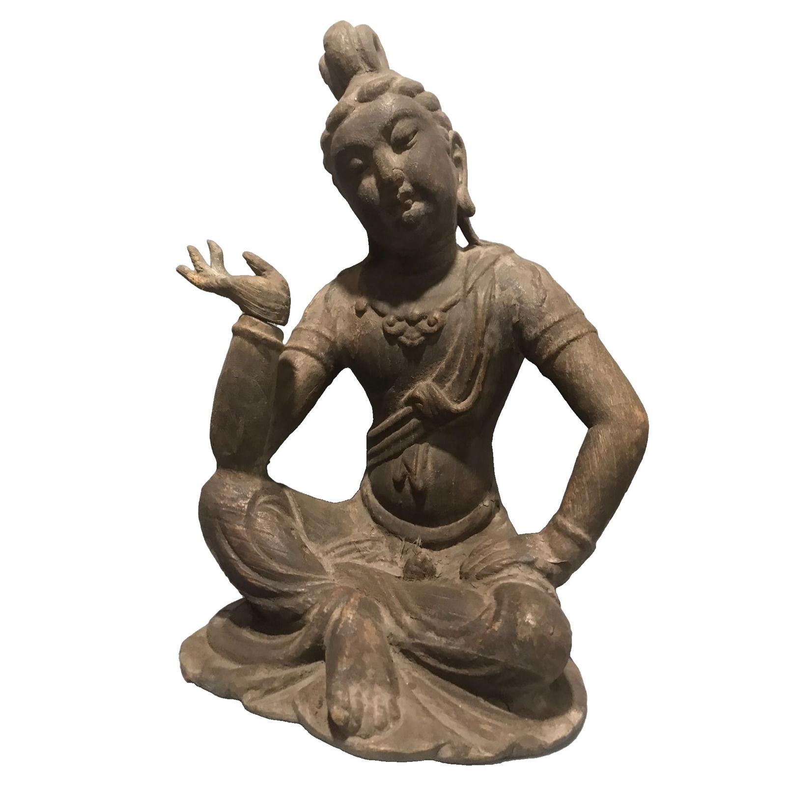 Antique: Old Chenxiang Free-Standing Guanyin Statue: Old Collection: Antique sandalwood Guanyin sitting statue. Made of aged sandalwood, the face of Guanyin is kind and serene with a full and rounded complexion. The folds of the robe flow smoothly and e