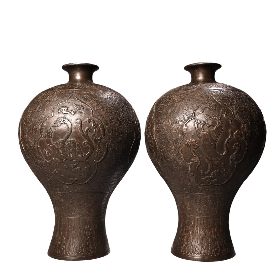 Pair of Pure Copper High Relief Engraved Four Divine Beasts Vases (1 of 10)
