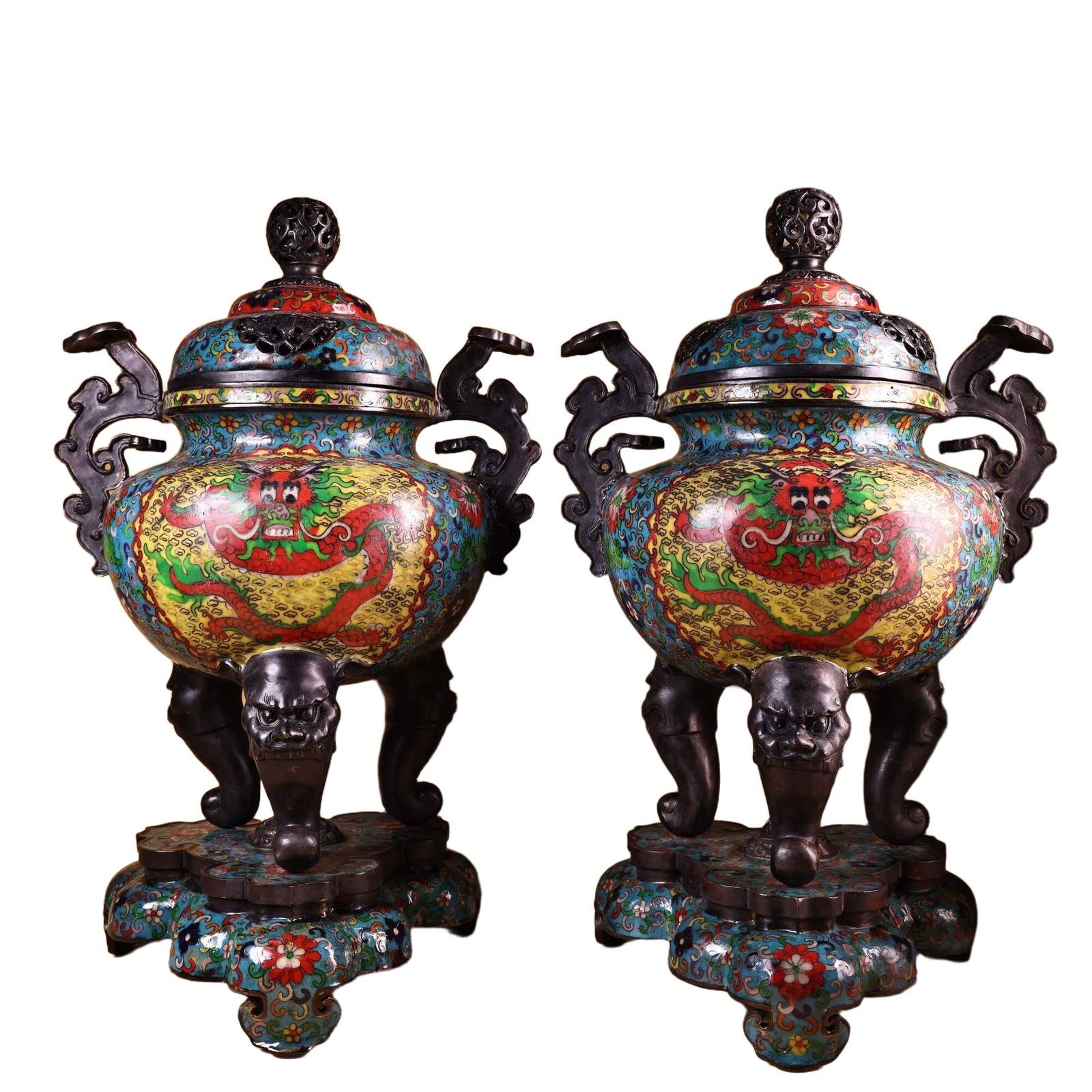 Pair of Pure Copper High Relief Engraved Cloisonné Enamel Incense Burners: Precious old collection of pure copper cloisonné enamel incense burners, a pairExquisite craftsmanship and elegant designEach weighs 10 kilograms, 57 centimeters tall, 35 centimeters wide Freight: