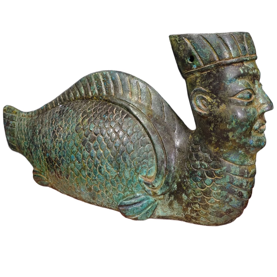 Han Dynasty Bronze Human-Fish Figurine: Han Dynasty Bronze TreasureThe 'Fish-Body Figure with Human Head' is ingeniously conceived, with an Head held high and chest out, human head wearing a crown-like hat, and the fish body covered in