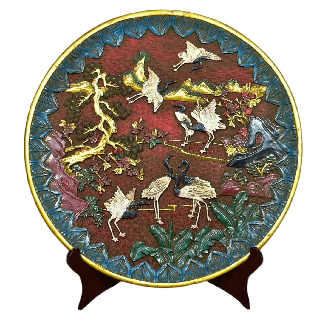 Carved Red Lacquer Crane Plate (1 of 10)