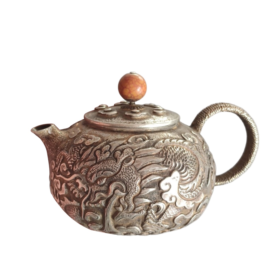 Qing Dynasty Silver Teapot with Double Dragons Playing with Pearl (1 of 9)