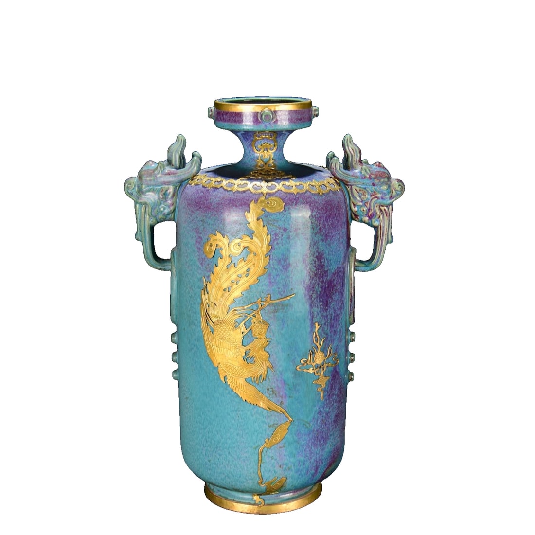 Song Dynasty Jun Kiln Phoenix Pattern Double Dragon Head Vase: Antique Song Dynasty Jun ware incised with phoenix pattern and imperial inscription double dragon head appreciation bottle, height 41cm, width 28cm. Freight: 1.International Freight: Foreign shipping