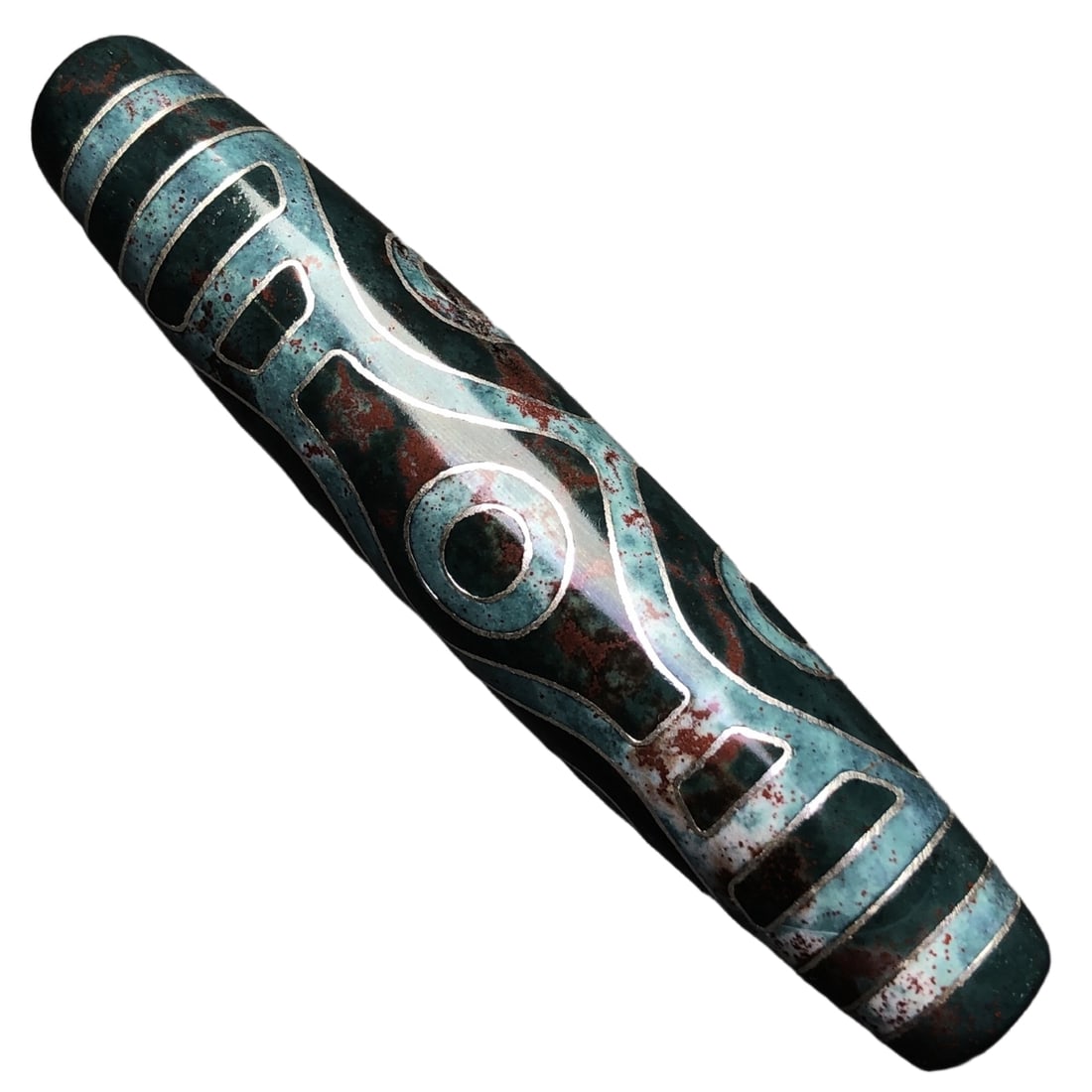 Old Material Silver Inlaid Cinnabar Dzi Bead: Old material inlaid with silver and full cinnabar Dragon Eye Six Eye Agate, size: 78x16 millimeters, weight 31.6 grams. A sacred agate that can change one's destiny, with clear images, fine orange pee