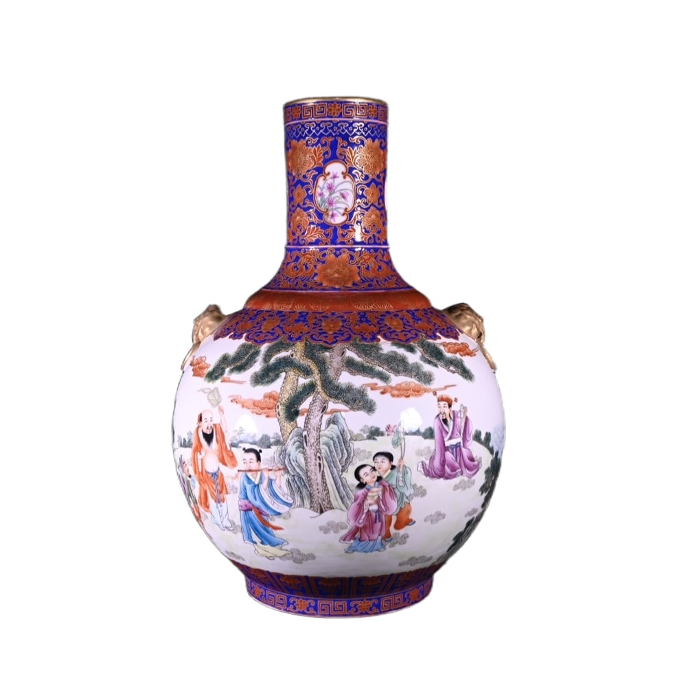 Qing Yongzheng Famille Rose Beast Ear Vase with Immortals (1 of 10)