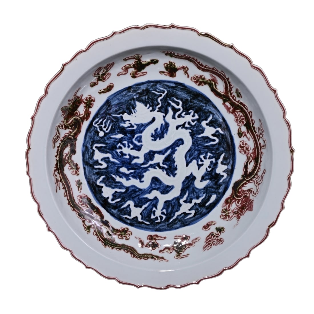 Yuan Dynasty Sacrificial Red Glaze Relief Blue and White Dragon Plate (1 of 10)