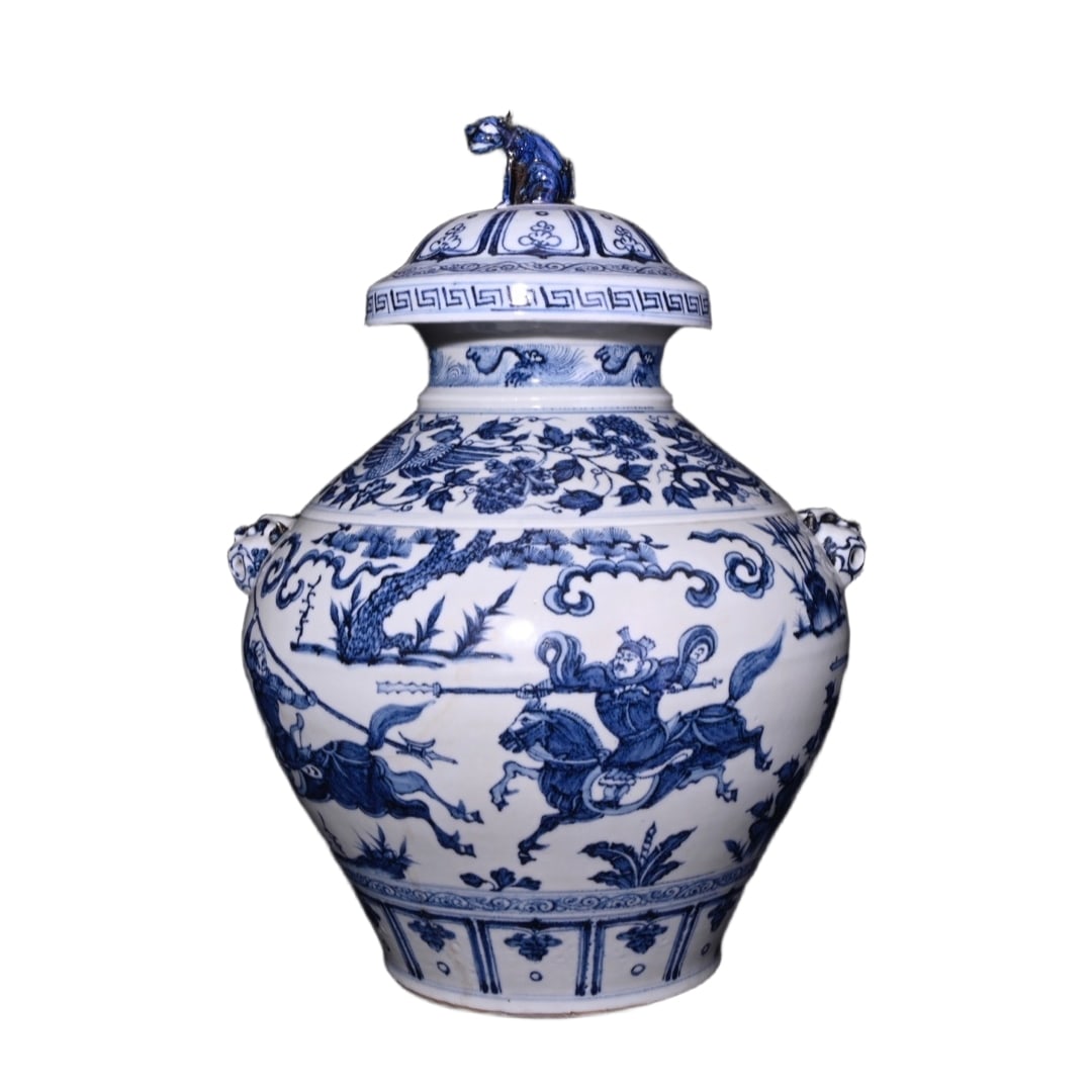 Yuan Blue and White Warrior Pattern Beast Head Jar: Yuan Dynasty blue and white jar with a warrior motif, showcasing the unique artistic charm of the Yuan Dynasty with its exquisite craftsmanship and grand warrior design. The jar is 470 centimeters tal