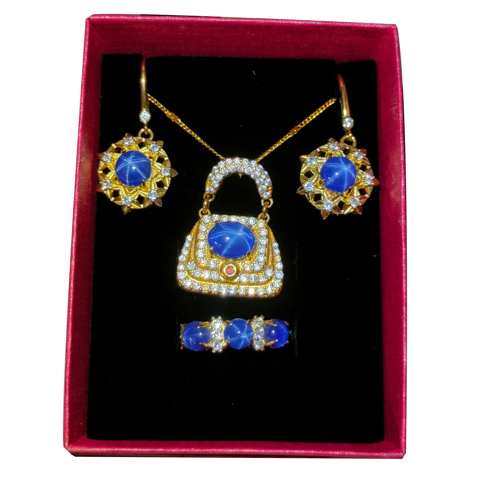 Silver Gilt Star Gem Jewelry Set: Silver gilt inlaid with gemstone jewelry set of four pieces, crystal clear, dazzling, with a hardness of ten. Ring face size: 0.8cm. Freight: 1.International Freight: Foreign shipping charges are dete