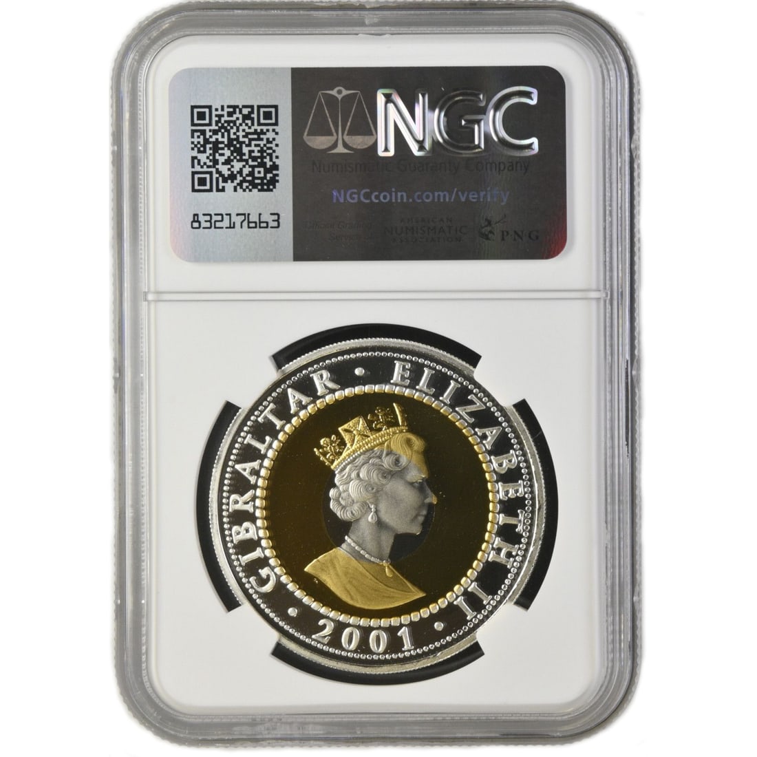 Gibraltar 2001 Three Metal Commemorative Coin: Gibraltar 2001 Three Metal Commemorative Coin, containing 14.2 grams of gold and 5.2 grams of platinum, NGC graded PF69 UC, 21st century. Freight: 1.International Freight: Foreign shipping charges are
